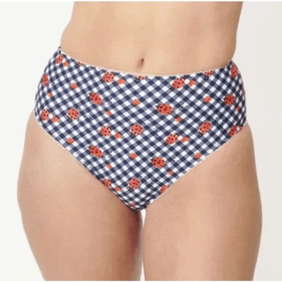 Unique Vintage Louise Swim Bottoms | S | Navy Gingham | Ladybug | High Waist | - Picture 1 of 5